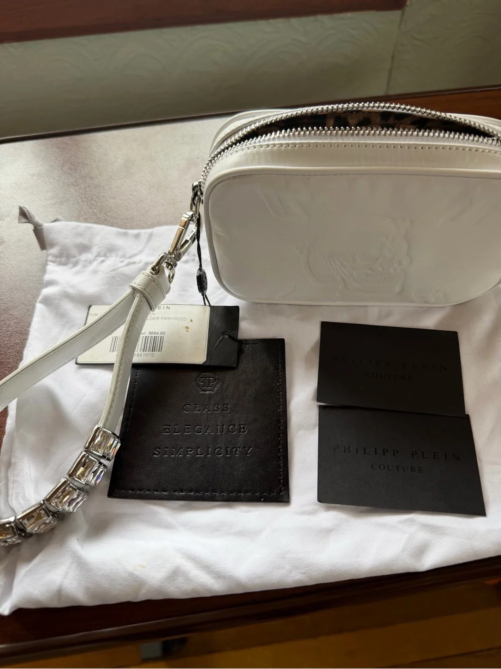 Philipp Plein White Leather Embossed Skull Wristlet NWT Crystal Strap